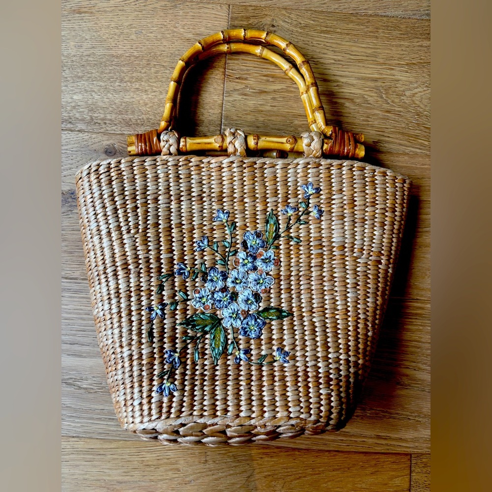 Cappelli Straworld Woven Straw Satchel with Blue Floral Embroidery